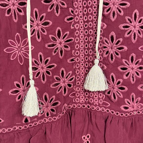 Johnny Was Leith Silver Tassel V-Neck Top Boysenberry Eyelet Flower Small NWT - Picture 4 of 6